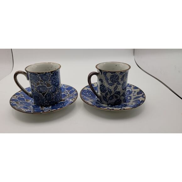 Set of 2 Blue and Brown Floral Patterned Demitasse Espresso cups with saucers - Picture 1 of 5